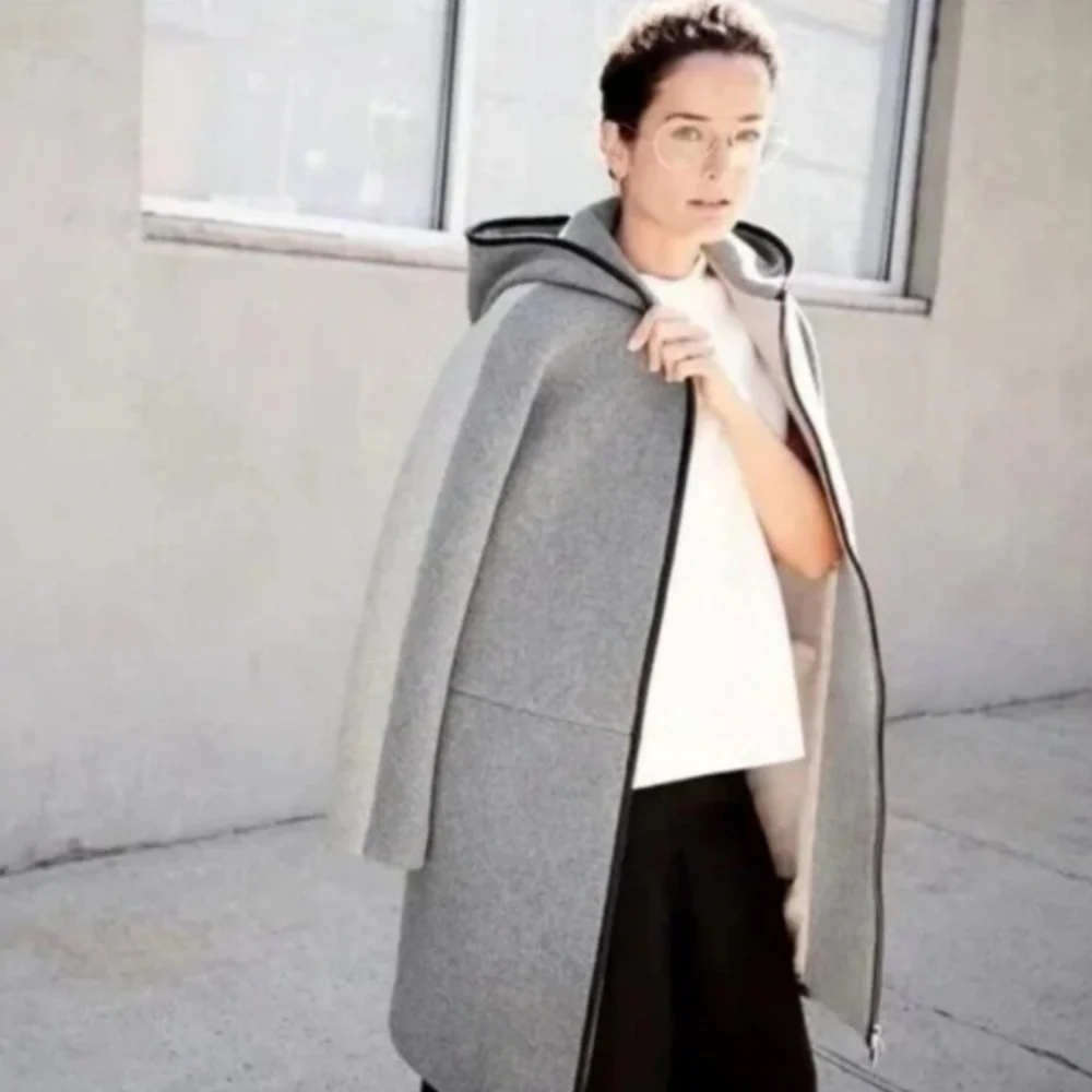 J. Crew Stadium Cloth Dark Gray Wool Blend Hooded Leather Trimmed Coat - Picture 11 of 11